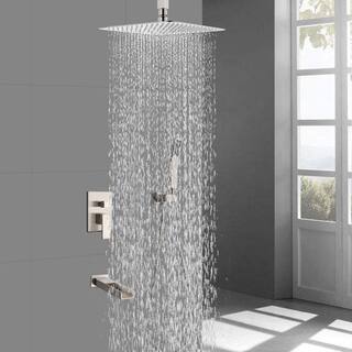 YASINU 1-Spray Ceiling Mount Square Rainfall Shower Head with Hand Shower and Tub Faucet in Brushed Nickel YN809-12BN