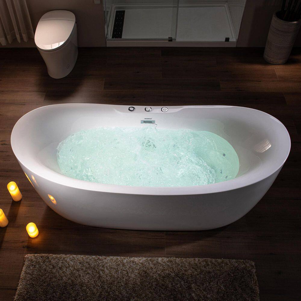 WOODBRIDGE 71 in. Acrylic Flatbottom Freestanding Whirlpool and Air with Inline Heater BathtubDrain and Overflow Included in White HBT6076