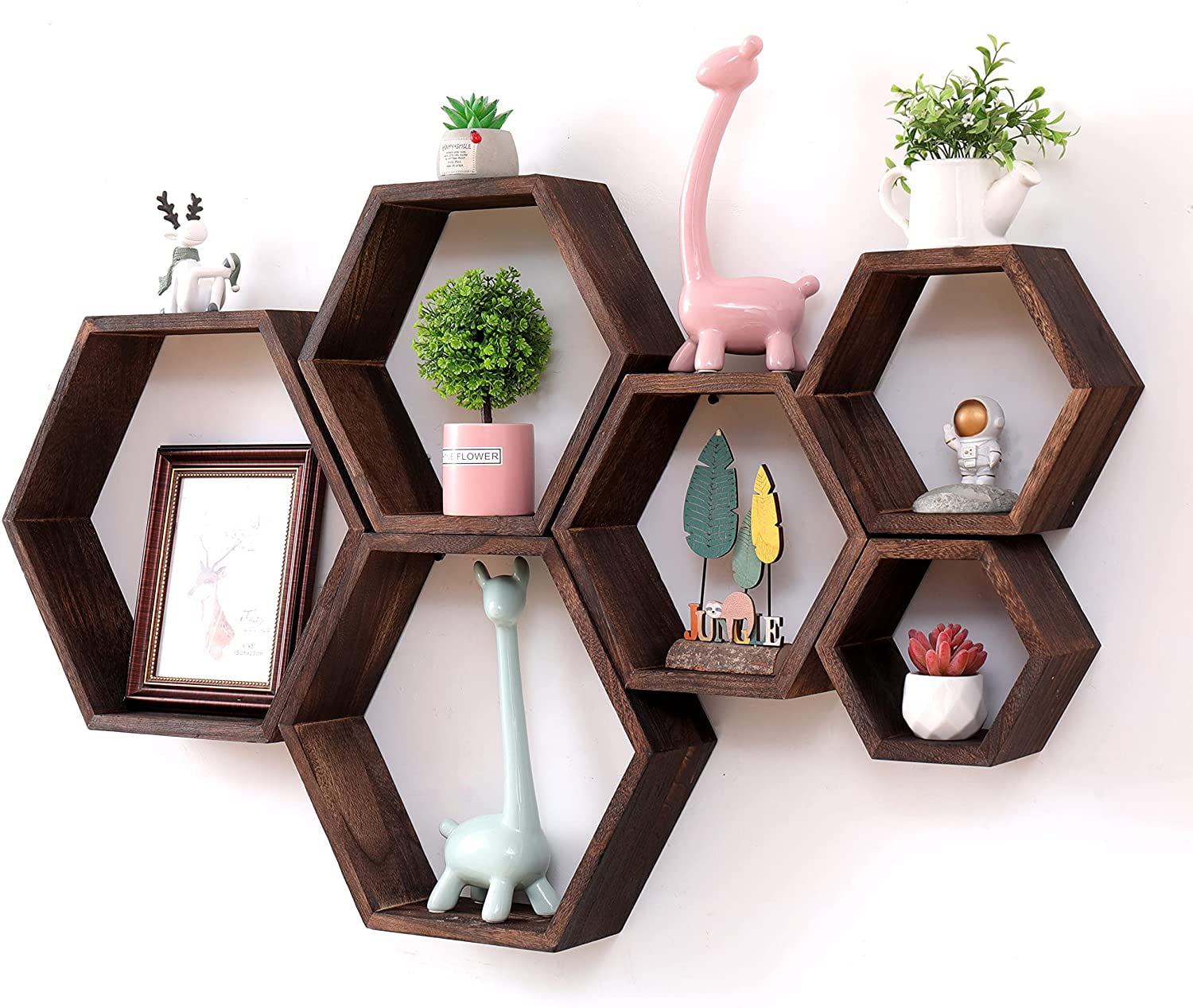 WONFUlity Hexagon Floating Shelves，Large Size Wall Mounted Wood Farmhouse Storage Honeycomb Wall 6 of Shelves , Hexagonal Decor Wall Shelves for Bedroom, Living Room, Office, Brwon