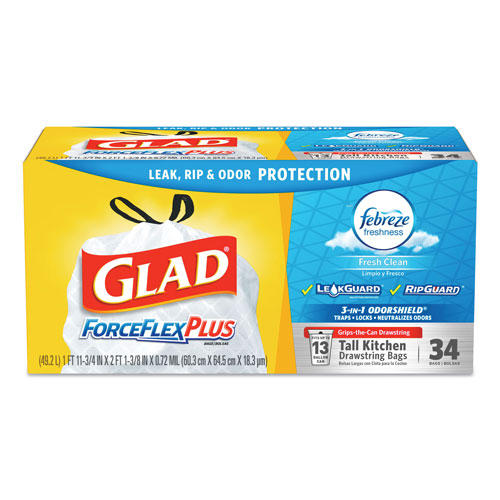 Clorox Glad ForceFlexPlus OdorShield Tall Kitchen Drawstring Trash Bags | 13 gal， 0.9 mil， 24