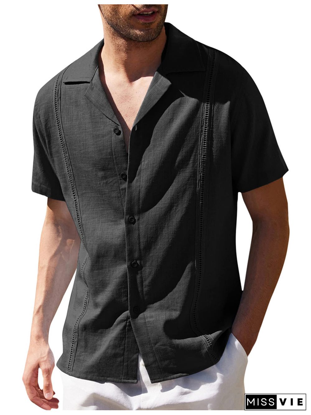 Men's Loose Simple Solid Color Lapel Casual Linen Shirt Short-sleeved Beach Shirt