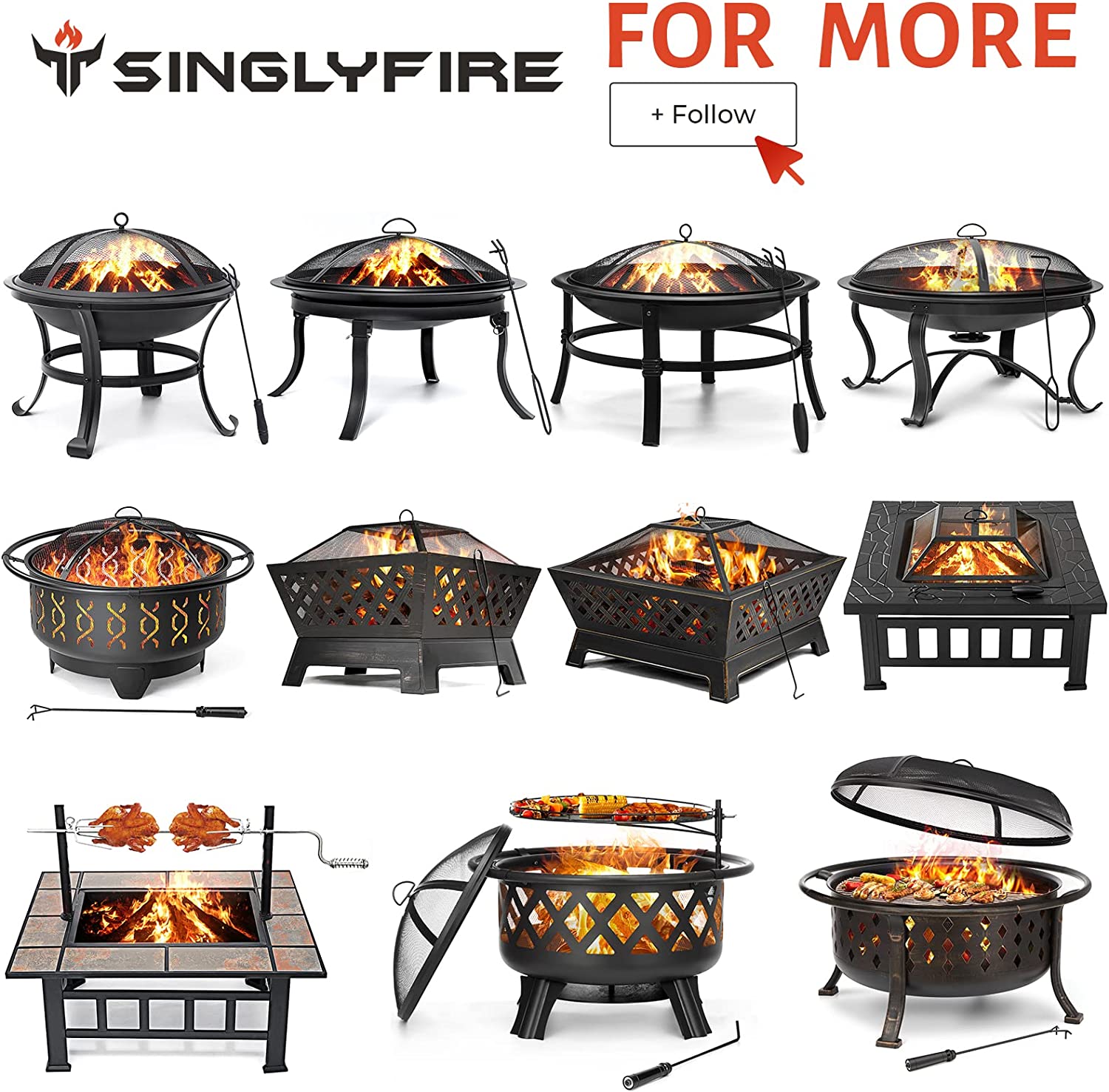 SINGLYFIRE 29 inch Fire Pits for Outside Firepit Outdoor Wood Burning Bonfire Pit Steel Firepit Bowl for Patio Backyard Camping，with Ash Plate，Spark Screen，Log Grate，Poker