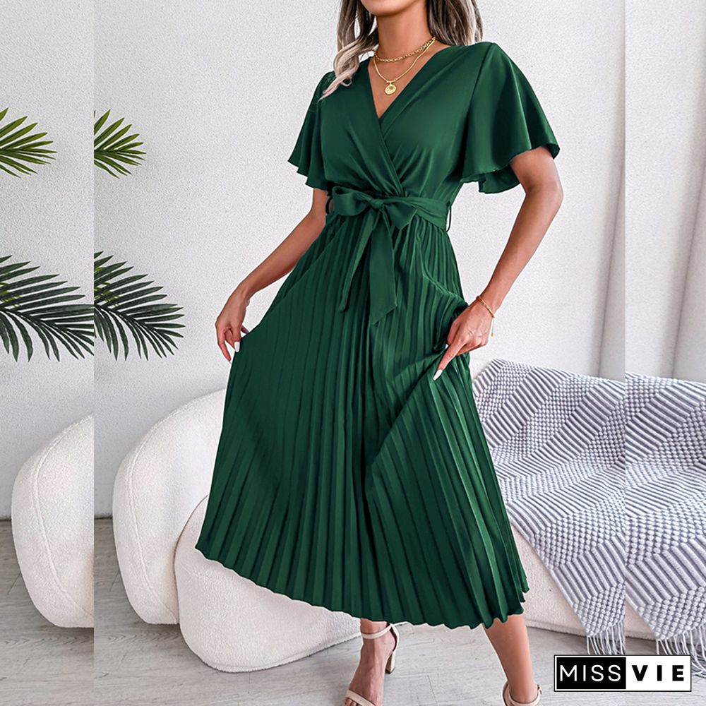 Elegant Fashion Pleated Dress For Women Summer Dresses New Cross V-Neck Lace-up Short Sleeve Solid Swing Maxi Dress