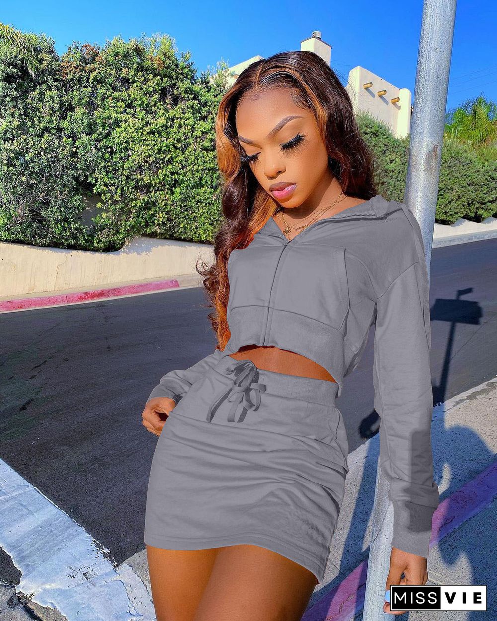 Zip Up Jacket Crop Tops Mini Skirt 2 Piece Sets