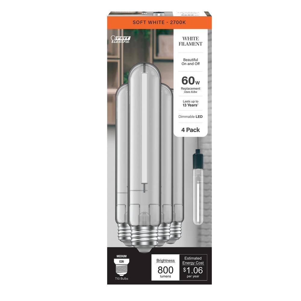 Feit Electric 60-Watt Equivalent T10L Dimmable Straight White Filament Clear Vintage Edison LED Light Bulb Soft White 2700K (4-Pack) T10L60CL927CAWFHDRP4