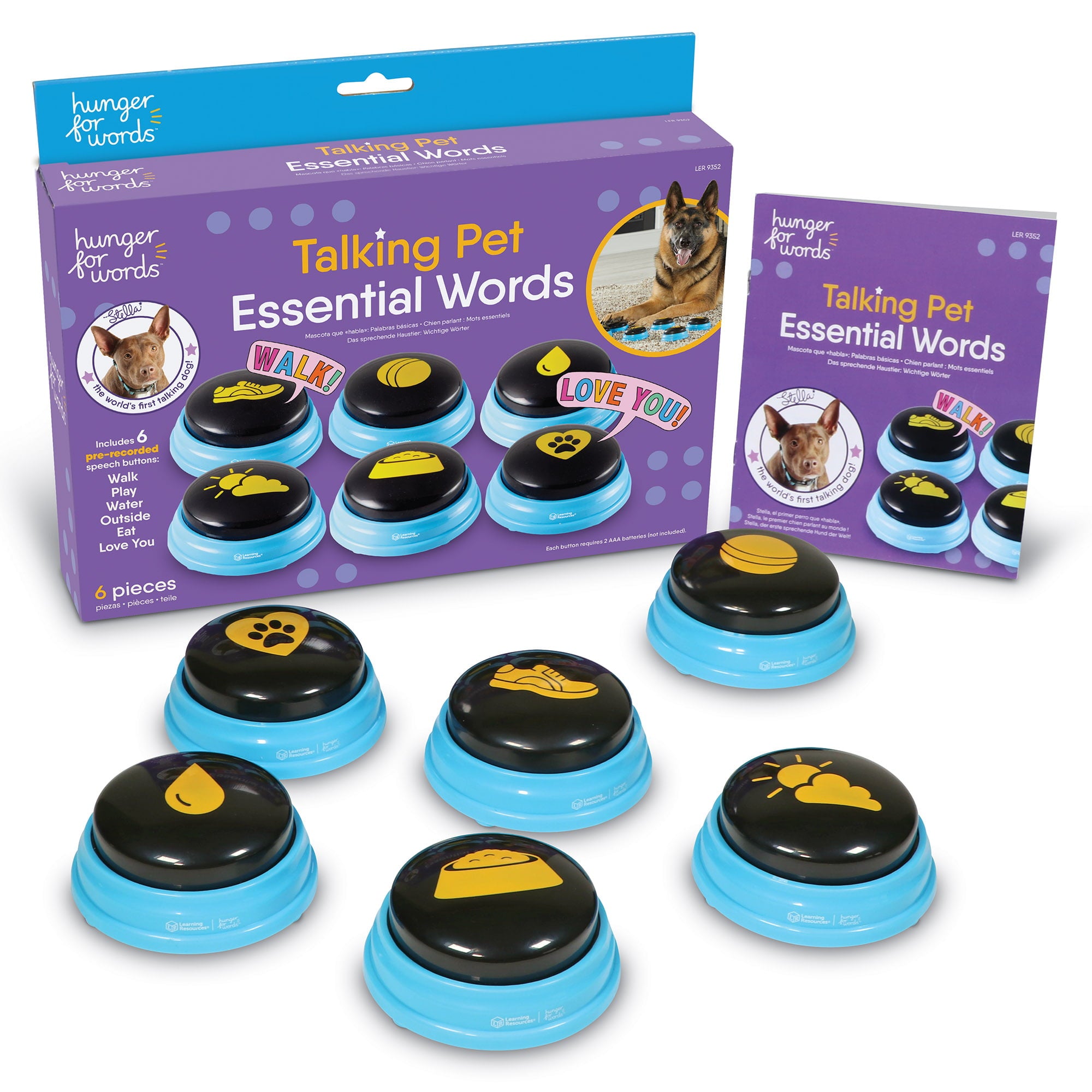 Hunger for Words Talking Pet Essential Words 6-Piece Buttons for Dog Communication， Dog Toys