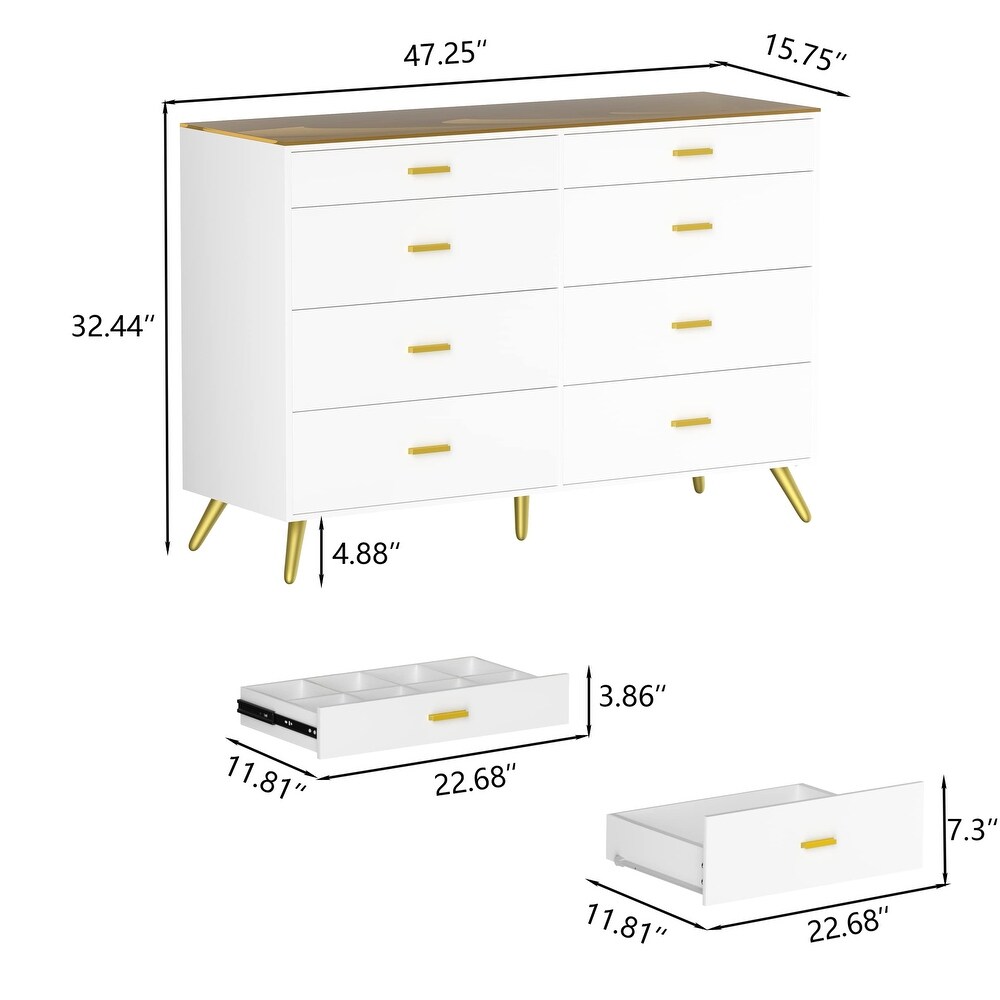 Dresser for Bedroom Modern 8 Drawer Dressers with Tempered Glass Top  Chests of Drawers with 2 Grid Drawer  Storage Organizer