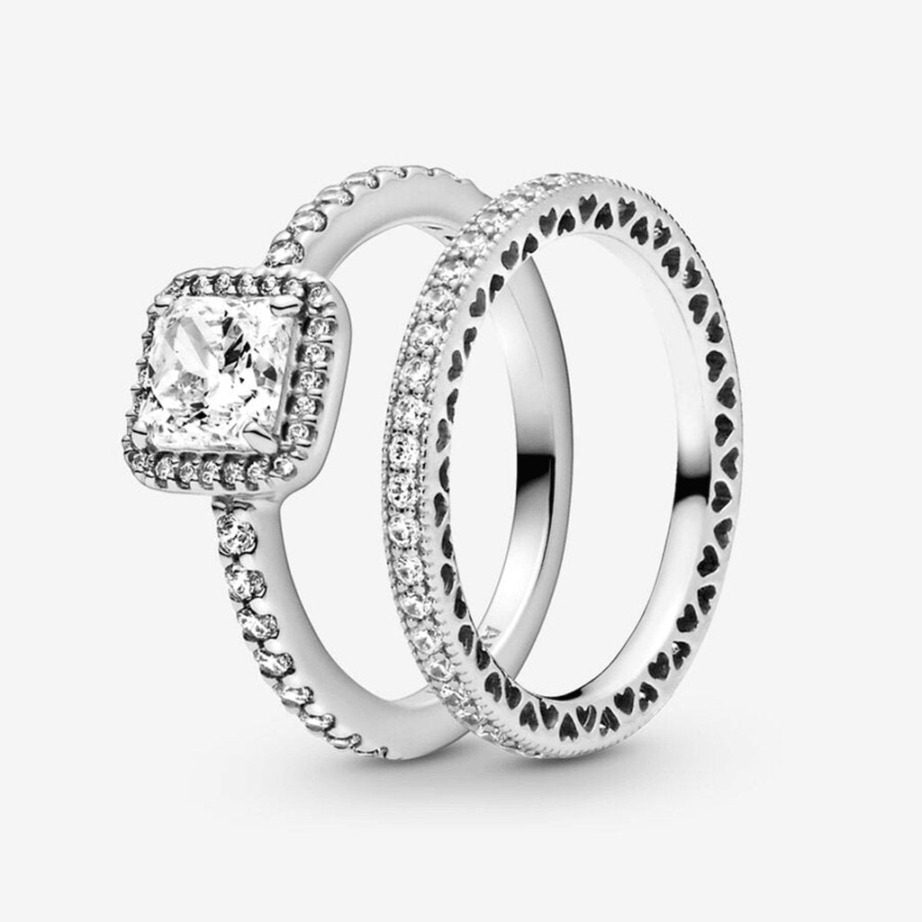 PANDORA  True Elegance Square Halo Ring Set