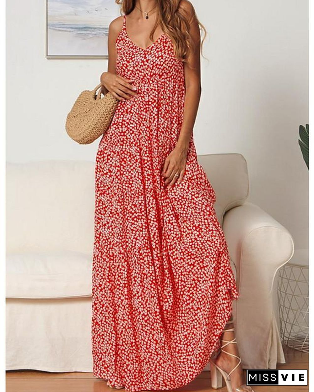 Women's Strap Dress Maxi long Dress Sleeveless Print Hot Red Navy Blue S M L XL