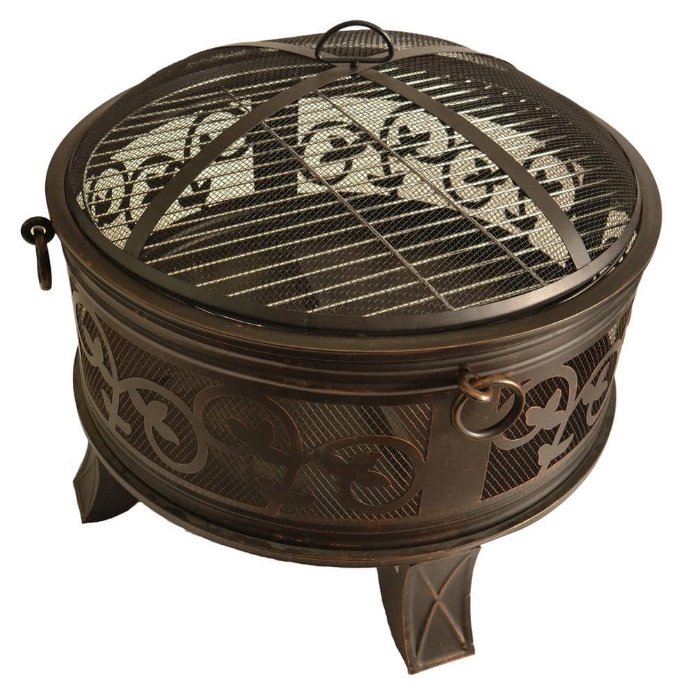 BLUEGRASS LIVING 26 Inch Steel Deep Bowl Fire Pit with Cooking Grid， Weather Cover， Spark Screen， and Poker BFPW26W-CC