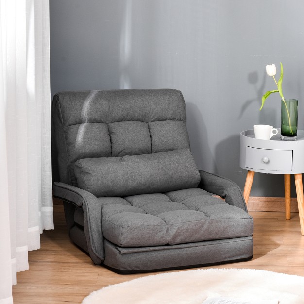 Homcom Convertible Floor Sofa Bed Recliner Armchair Upholstered Sleeper Chair With Pillow For Living Room Bedroom Lounge Gray