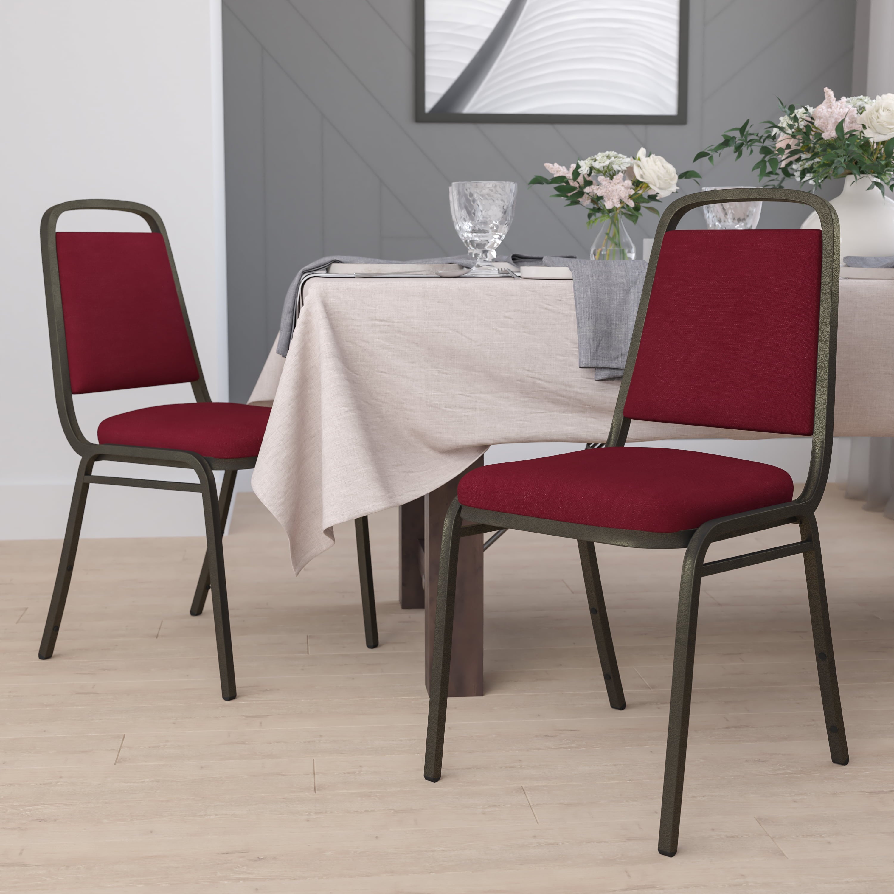 Flash Furniture 4 Pack HERCULES Series Trapezoidal Back Stacking Banquet Chair in Burgundy Fabric - Gold Vein Frame