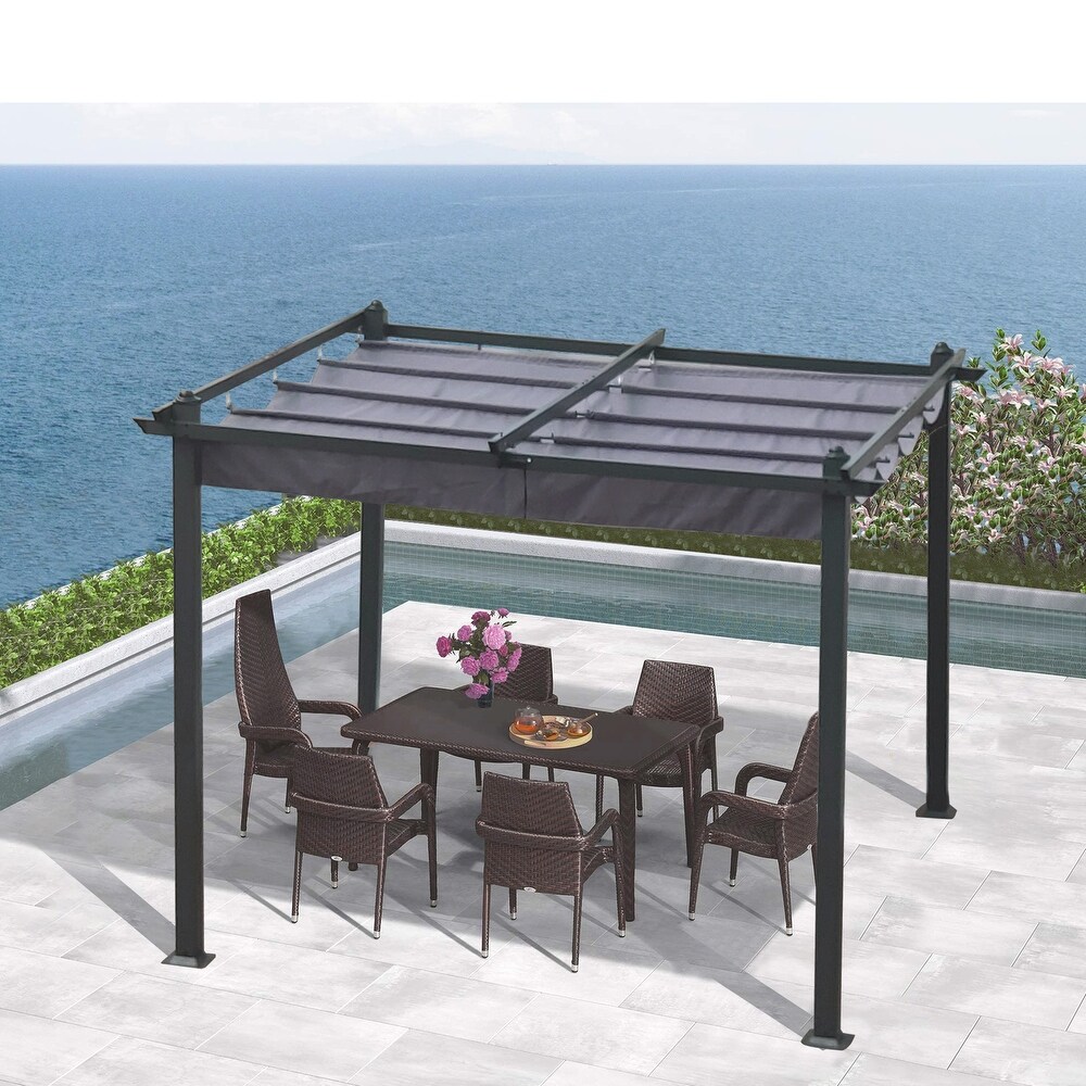 10x10 Ft Outdoor Patio Retractable Pergola With Canopy Sunshelter Pergola for Gardens Terraces Backyard  Gray