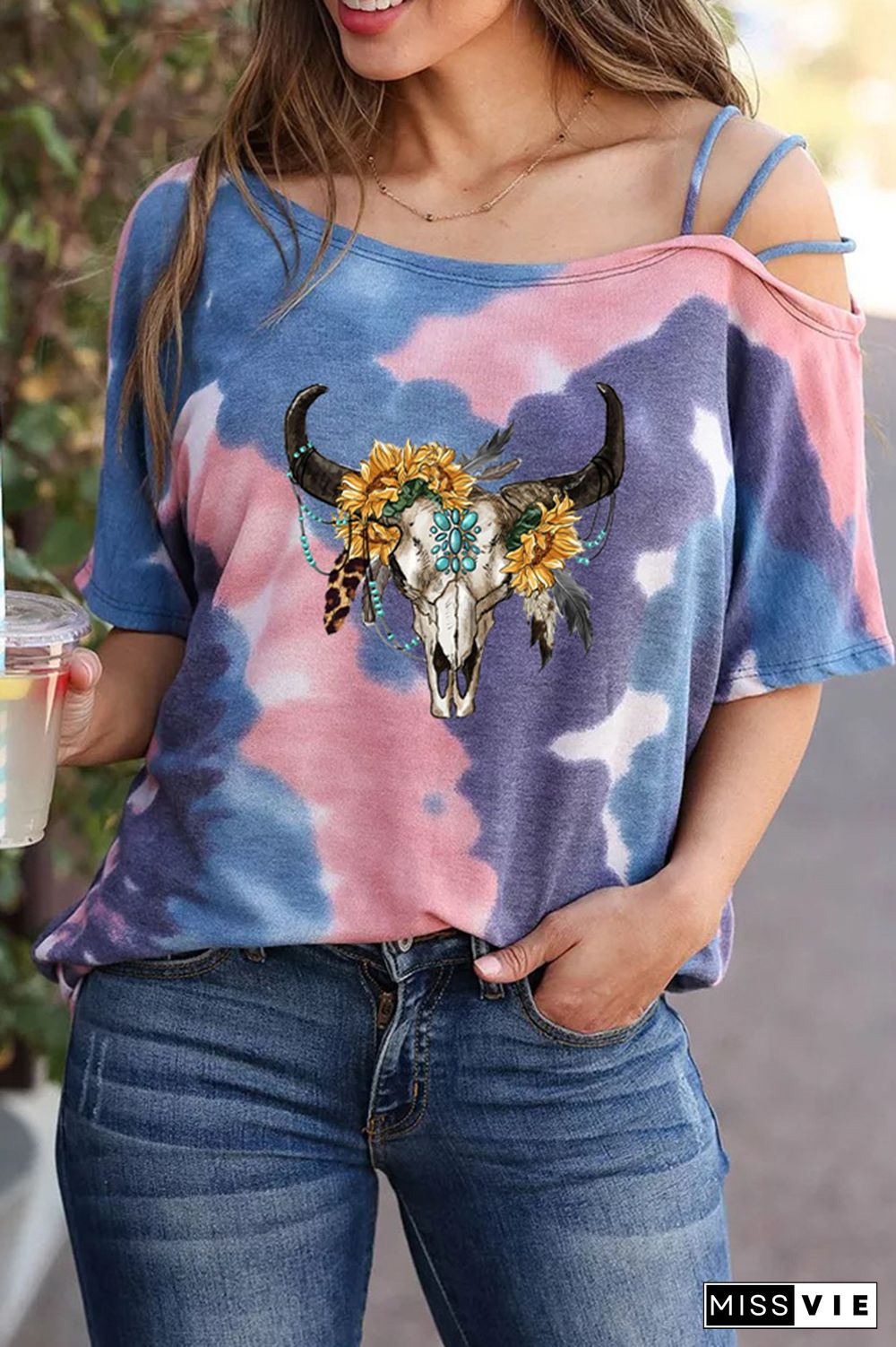 Sunflower Boho Bull Skull Graphic Tees for Women Wholesale Short Sleeve T shirts Top