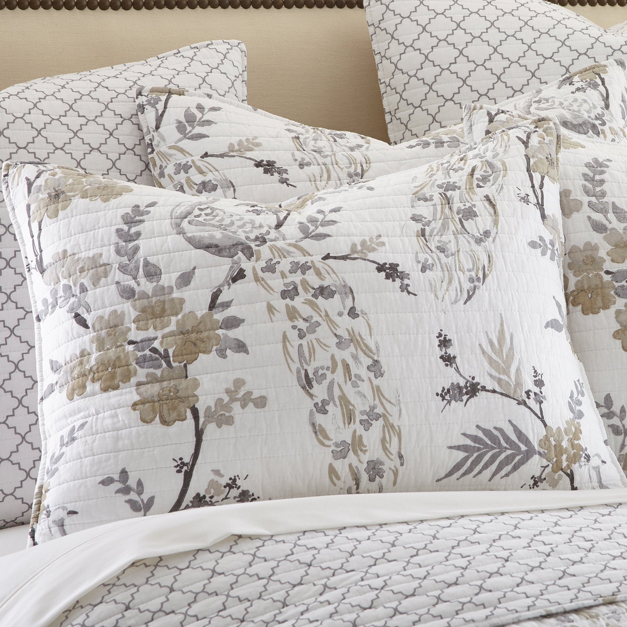 Levtex Home - Pisa Quilt Set - King Quilt + Two King Pillow Shams - Floral Contemporary Peacock - Grey and Taupe - Quilt Size (106x92in.) and Pillow Sham Size (36x20in. ) - Reversible - Cotton