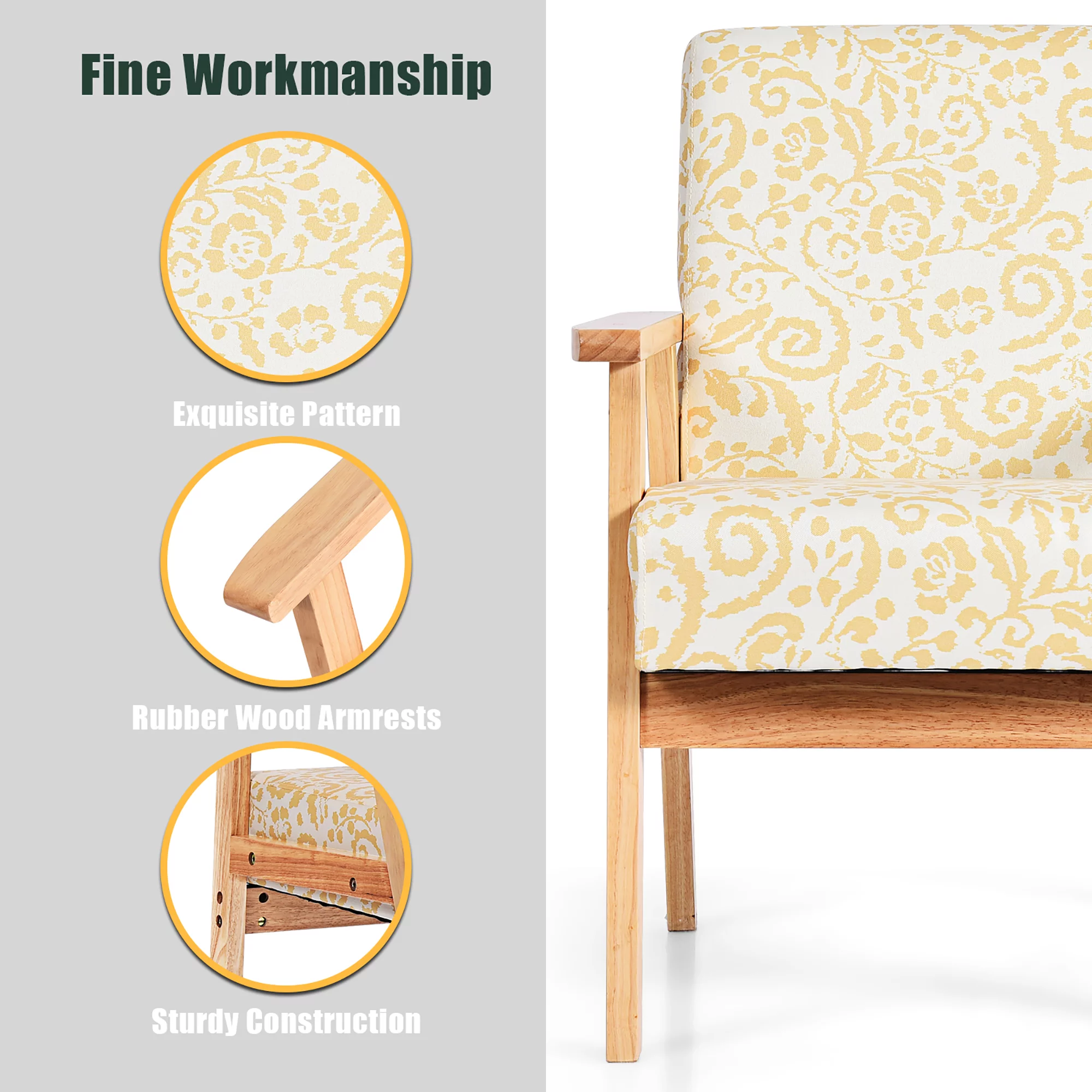 Costway Modern Accent Armchair Upholstered Lounge Chair with Rubber Wood Leg， Yellow Floral