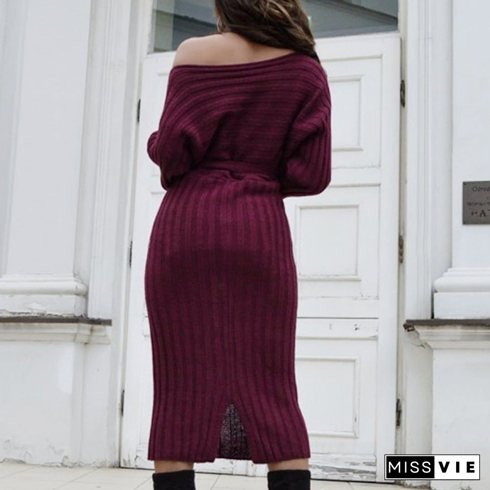 New Fashion Women's Shoulder Sweater Dress In Autumn and Winter Black Dresses