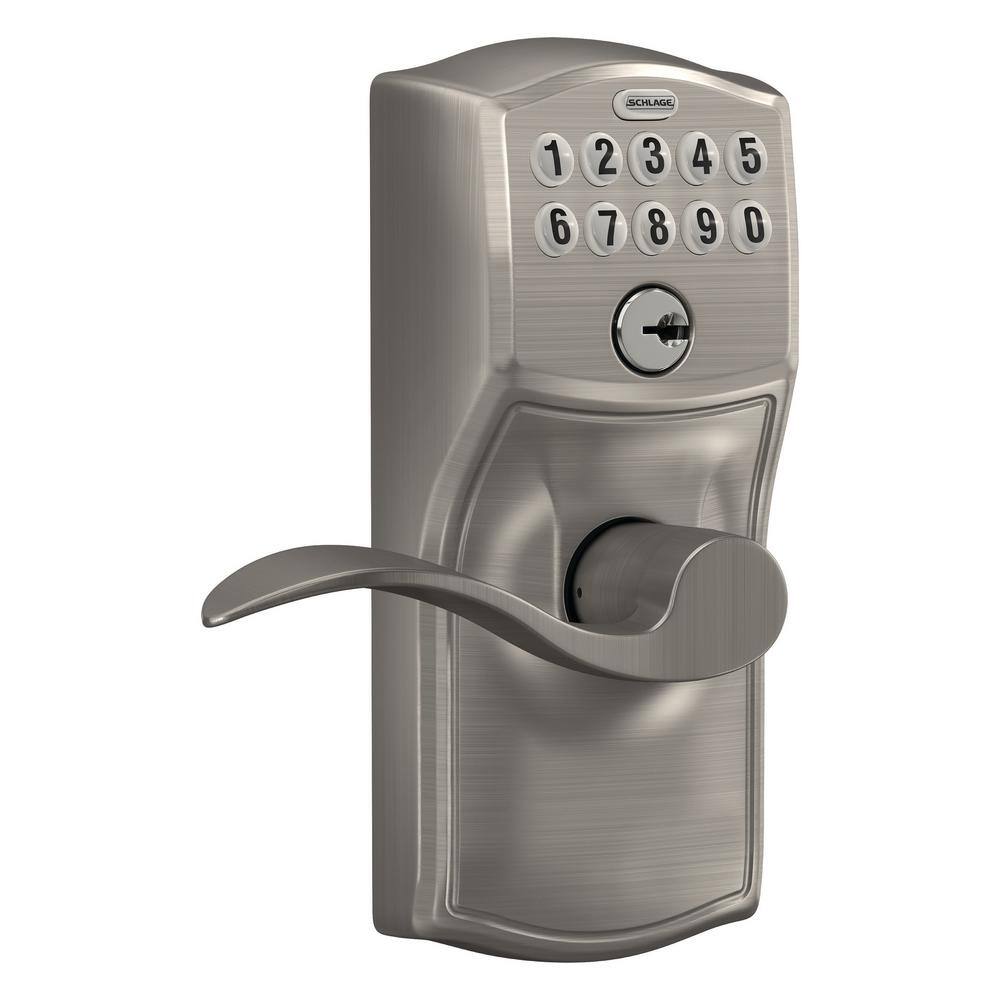 Schlage Camelot Satin Nickel Electronic Keypad Door Lock with Accent Handle and Flex Lock FE595 V CAM 619 ACC