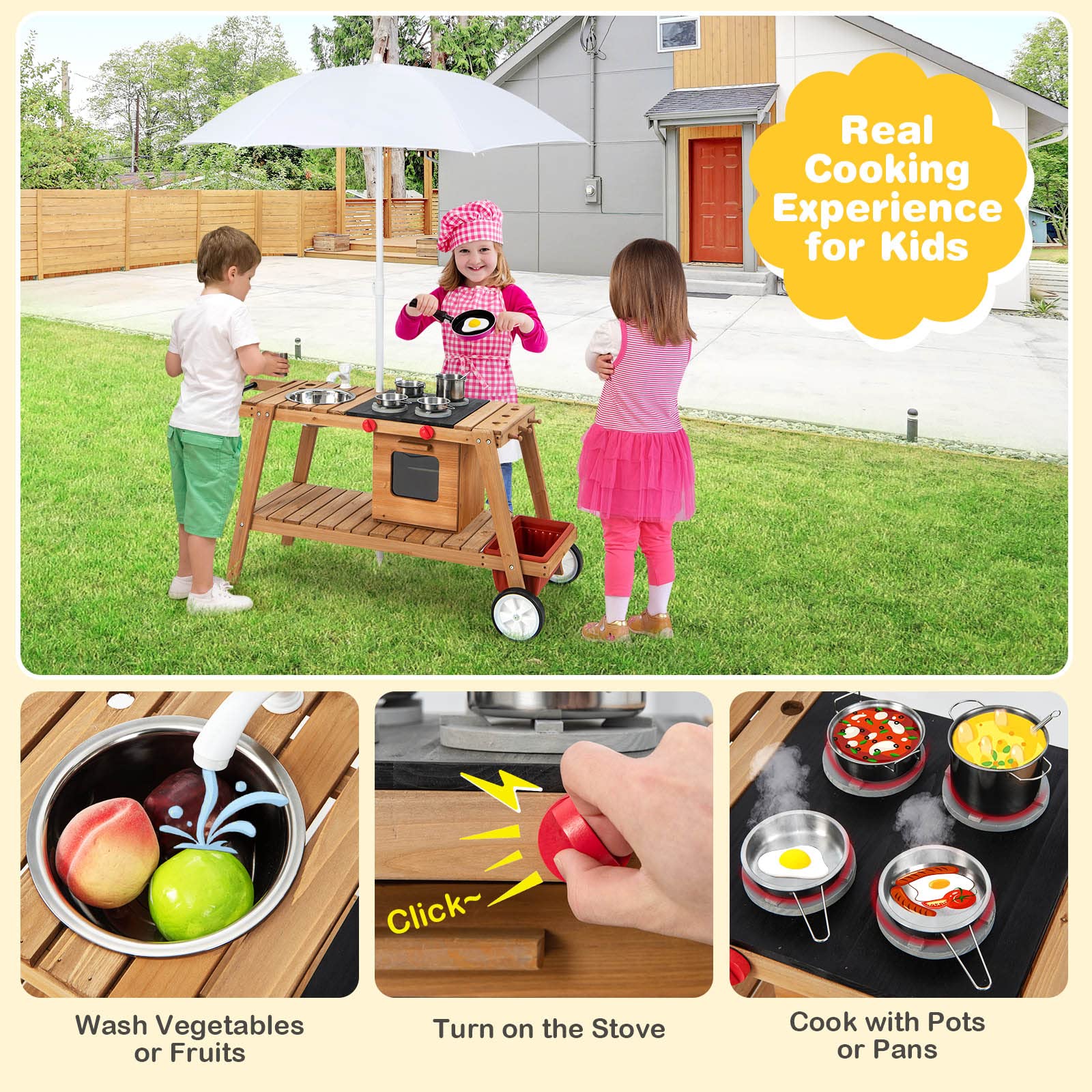 Costzon Kids Kitchen Playset, Indoor & Outdoor Wooden Pretend Cooking Cart with Stove, Sink, Kitchenware, Storage, Removable Umbrella