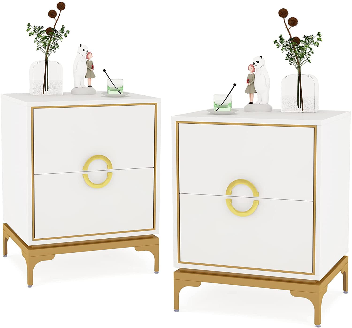 Tribesigns 2 Drawers Nightstand, White and Gold Bedside Table for Bedroom, Set of 2