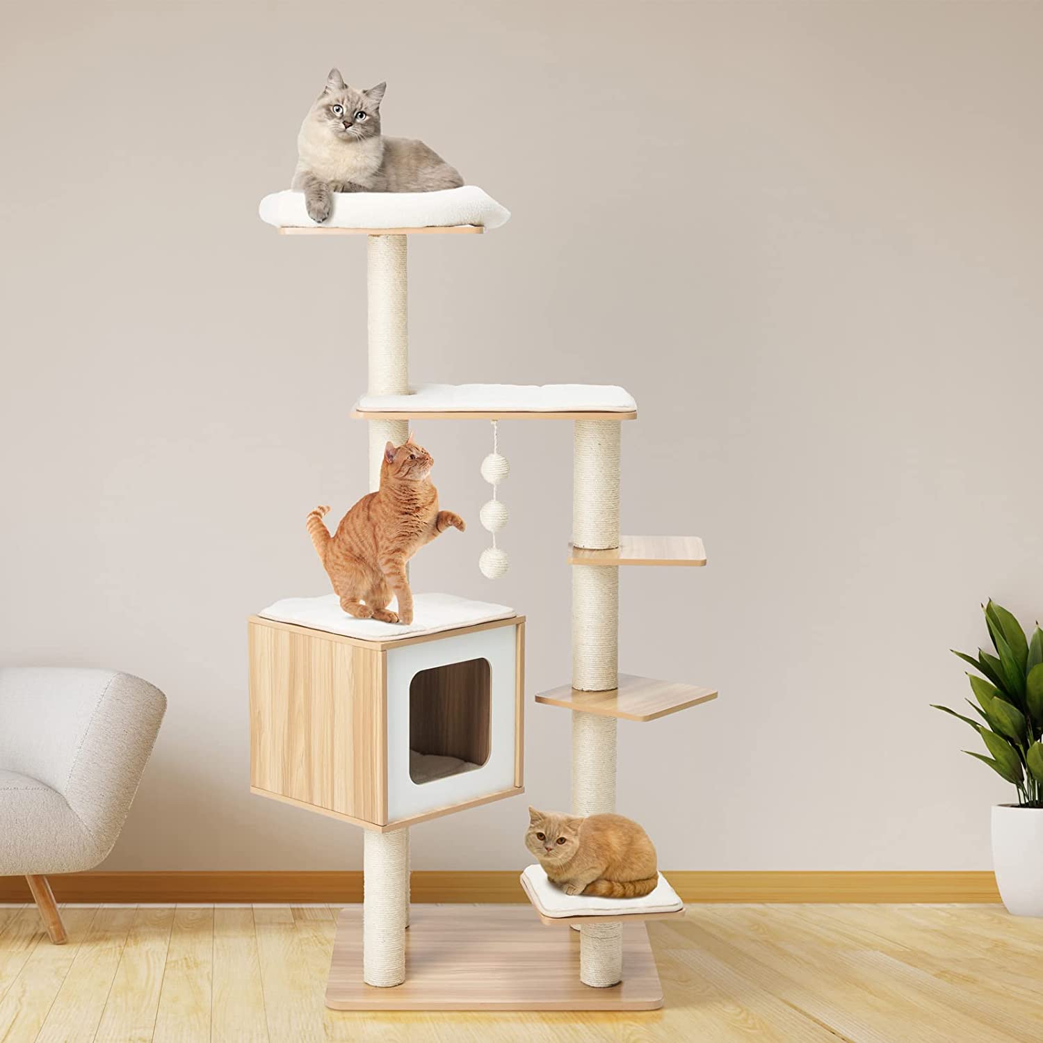 Arlopu 55” Tall Modern Cat Tree Tower for Indoor Cats, Wooden Cat Climbing Stand Furniture, 6 Level Platform Cat Activities Condo House w/Scratch Post, Washable Mats&Top Perch, for Kittens&Large Cats