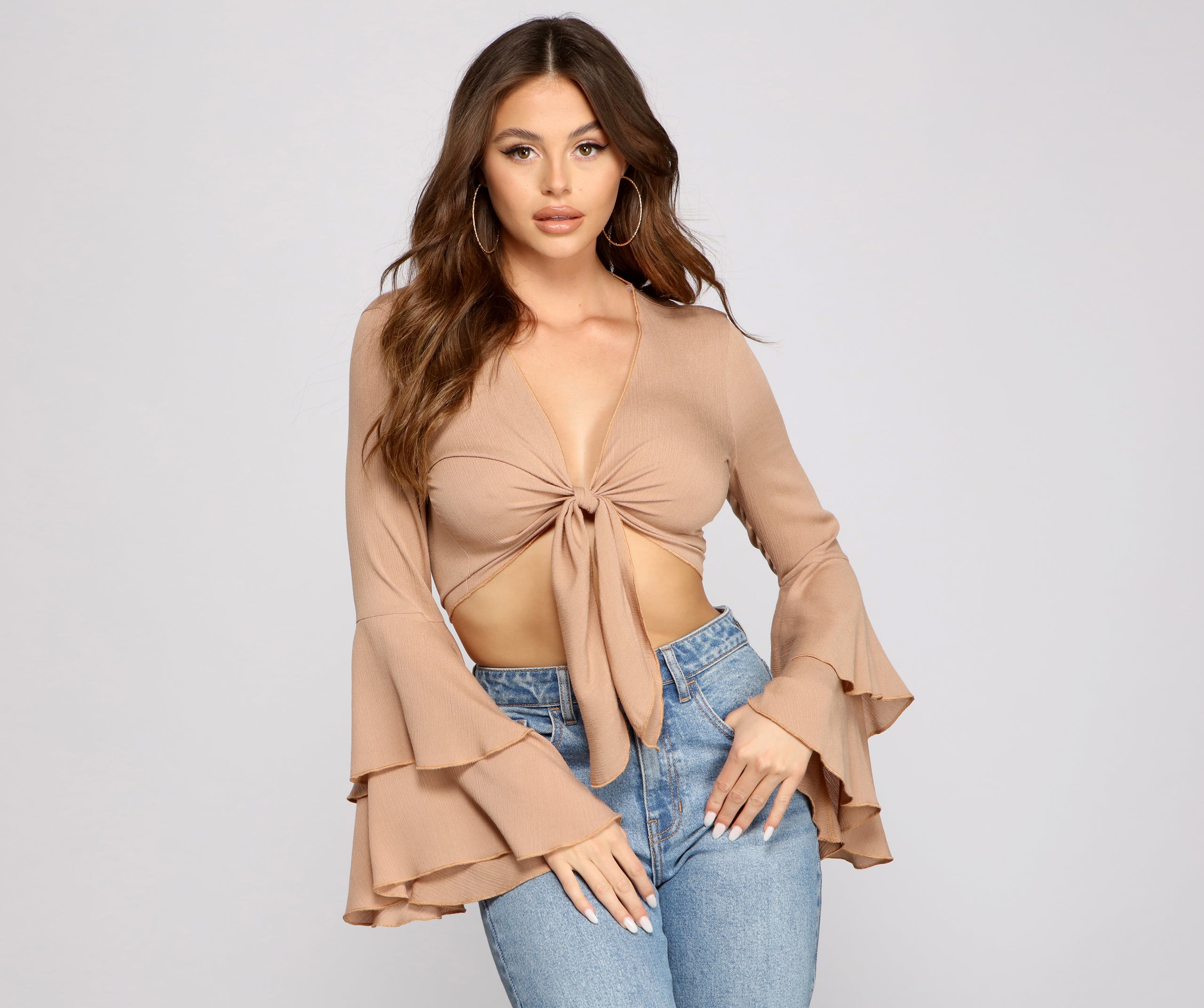 Woven Tie Front Bell Sleeve Crop Top