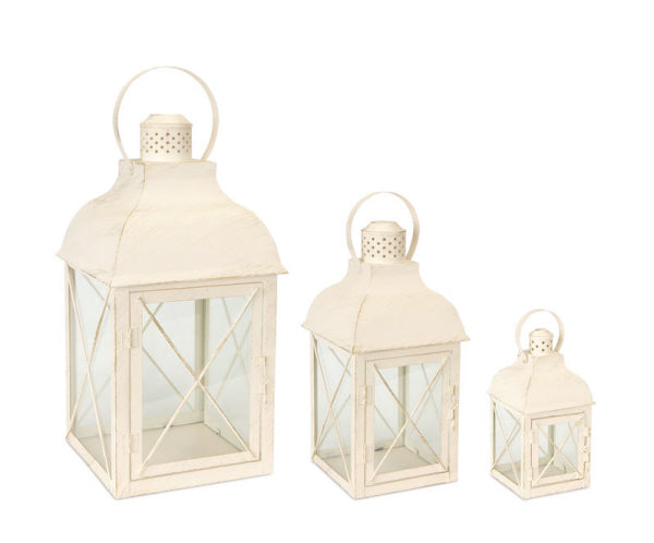 Set of 3 Antique White Rustic Finished Decorative Iron Candle Lanterns 18.5