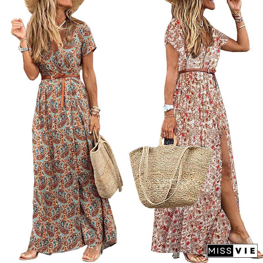 Summer Women's Fashion Retro Floral Elegant Dress Ladies Loose Casual Long Dress One-piece Bohemian Dress with Free Belt