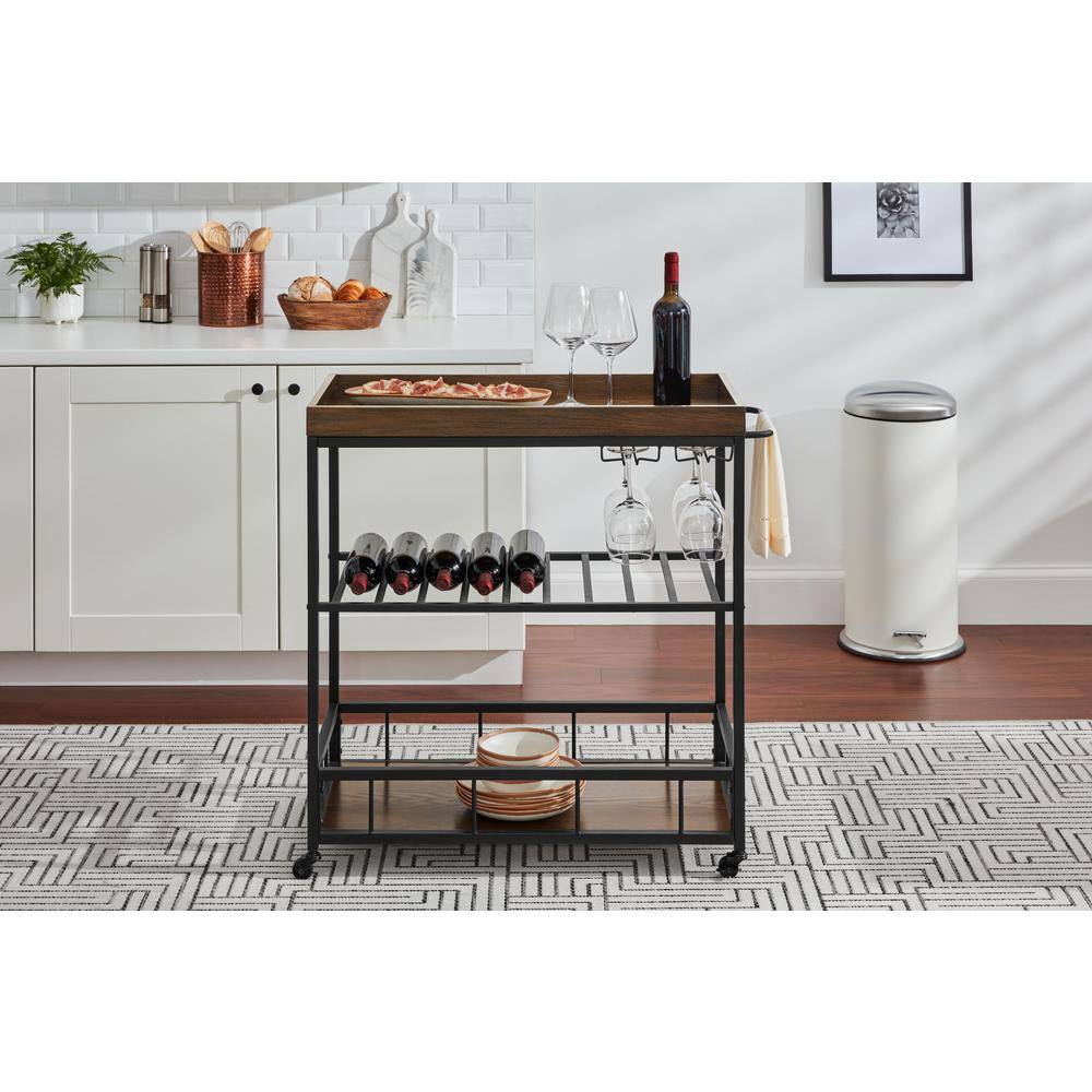 StyleWell Blake Industrial Black Metal Frame Rolling Kitchen Cart with Walnut Tray-Top and Tiered Storage Shelves (35