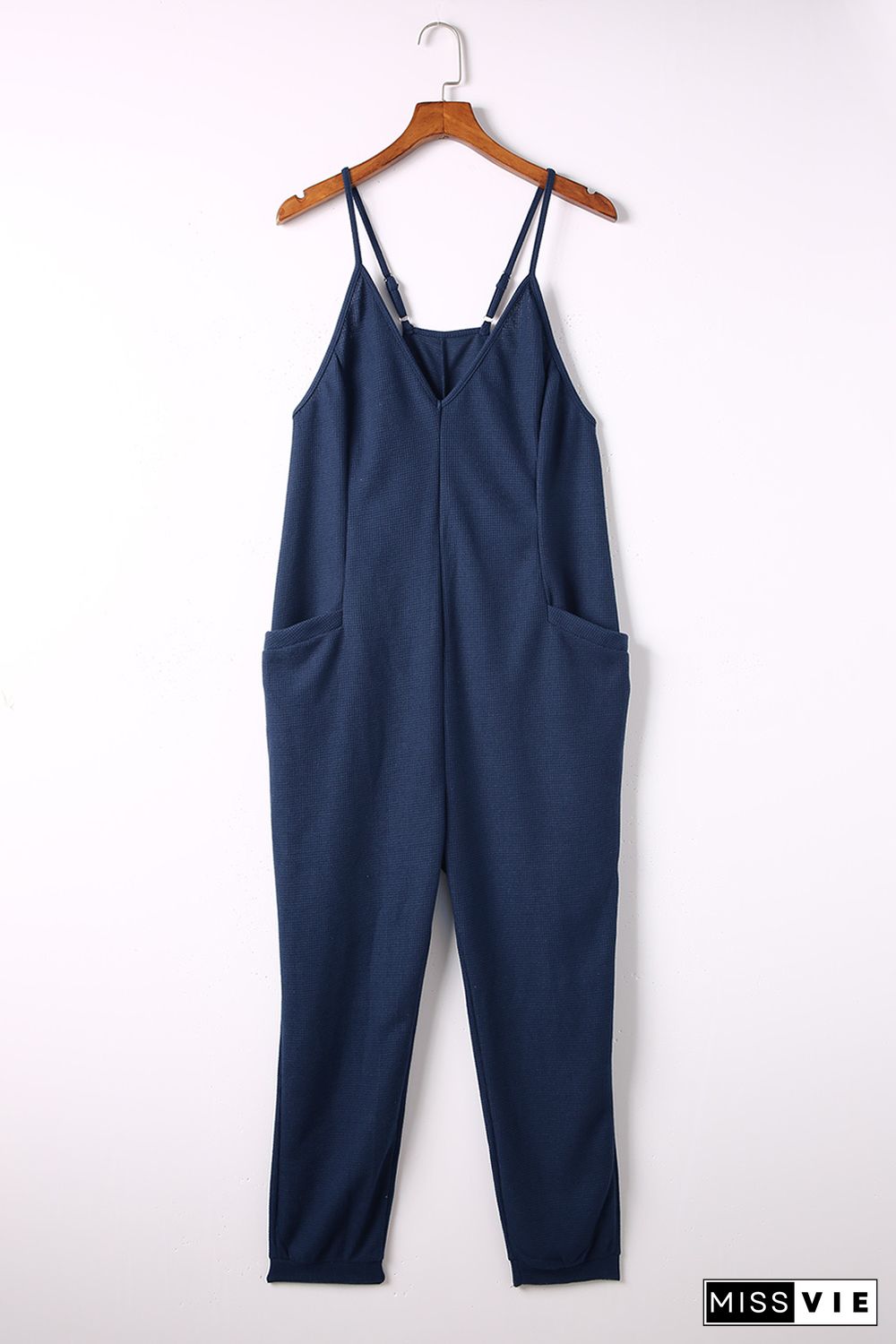 Blue Textured Sleeveless V-Neck Pocketed Casual Jumpsuit