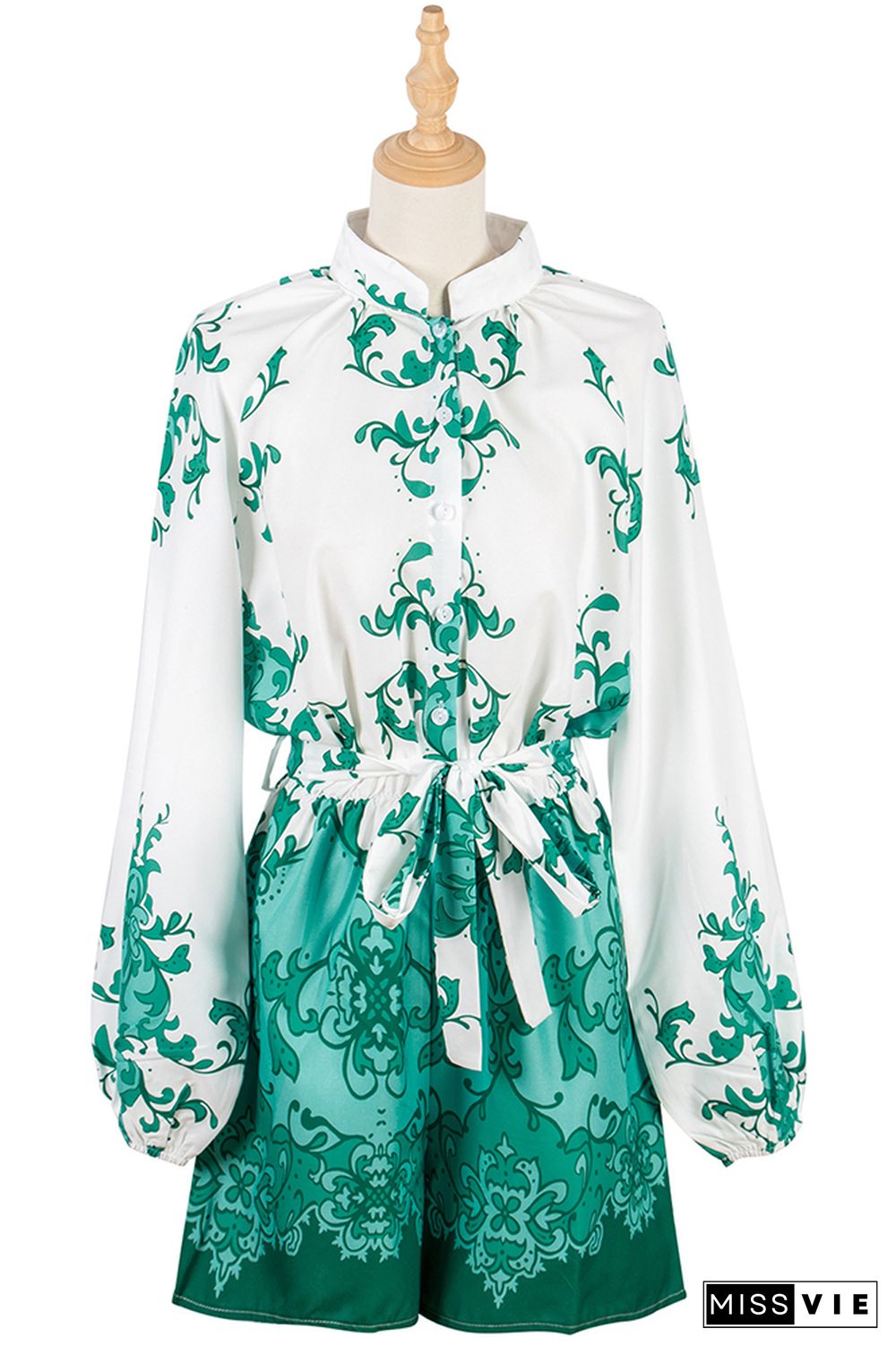 Green Puffy Sleeves Printed Rompers