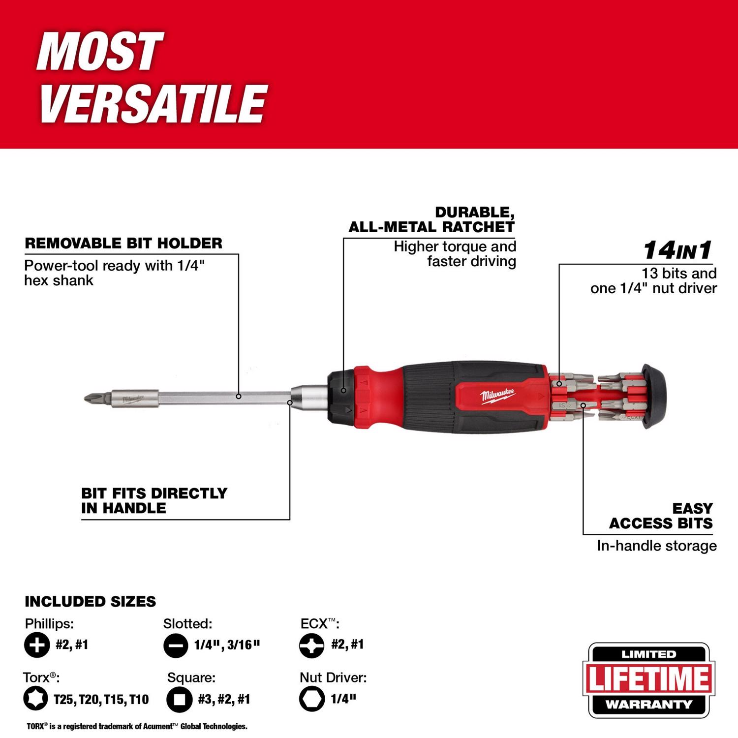 MW Hex Shank 14-in-1 Ratcheting Multi-Bit Screwdriver 10.12 in. 1 pc