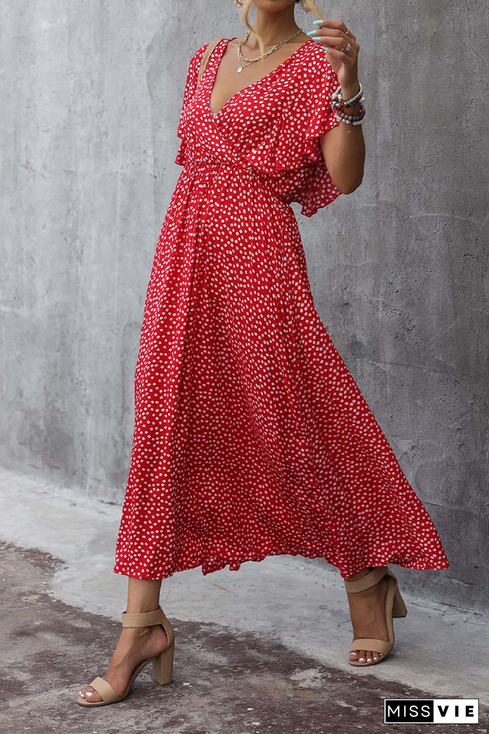 Polka Dot Print V Neck Long Dress Wholesale