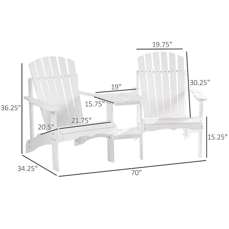 Outsunny Set of 2 Wooden Adirondack Chairs， Outdoor Double Seat with Center Table and Umbrella Hole for Patio， Backyard， Deck， Fire Pit， White