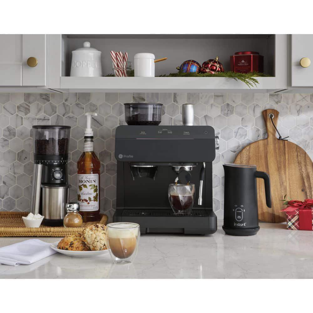 GE Profile 1 Cup Semi Automatic Espresso Machine in Black with Builtin Grinder Frother Frothing Pitcher and WiFi Connected