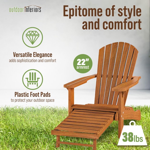 Outdoor Interiors Eucalyptus Wood Adirondack Chair With Built In Ottoman And Protective Plastic Foot Pads Ideal For Balcony Deck Or Patio Brown