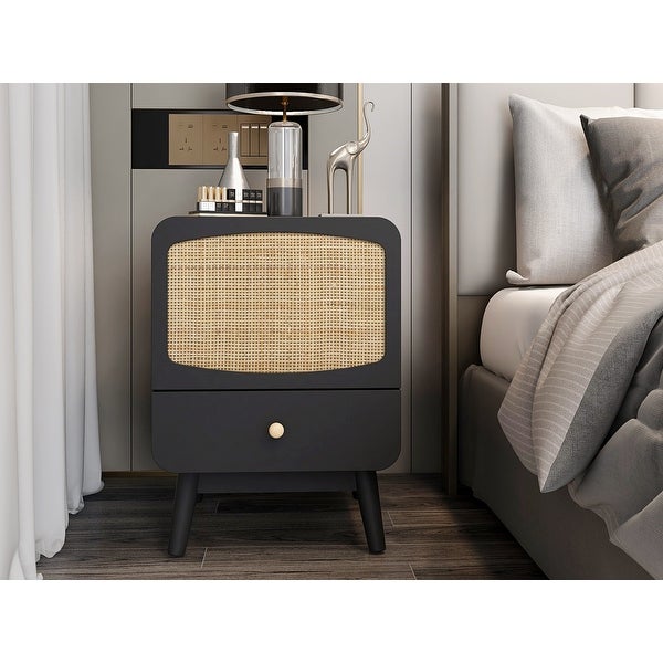 Black Nightstand， Bedside Table with Storage Drawe Rattan Door