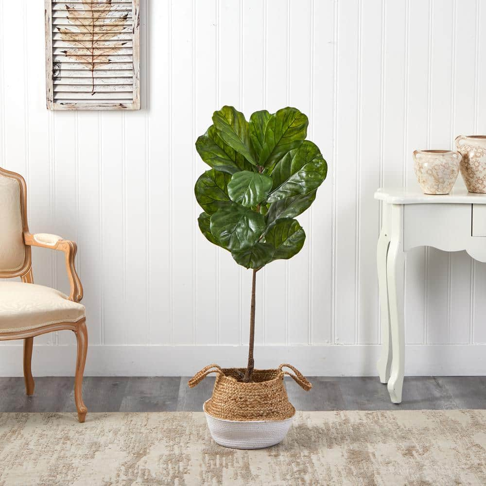 Nearly Natural 4 ft. Fiddle Leaf Artificial Tree Boho Chic Handmade Cotton and Jute White Woven Planter UV Resistant (Indoor/Outdoor) T2926