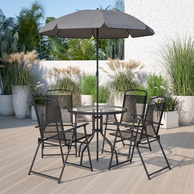 Emma And Oliver 6 Piece Patio Garden Set With Table Umbrella And 4 Folding Chairs