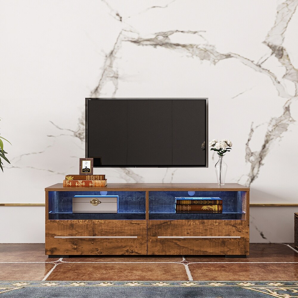 Mid century Modern Style TV Stand with 2 Drawers and LED Light