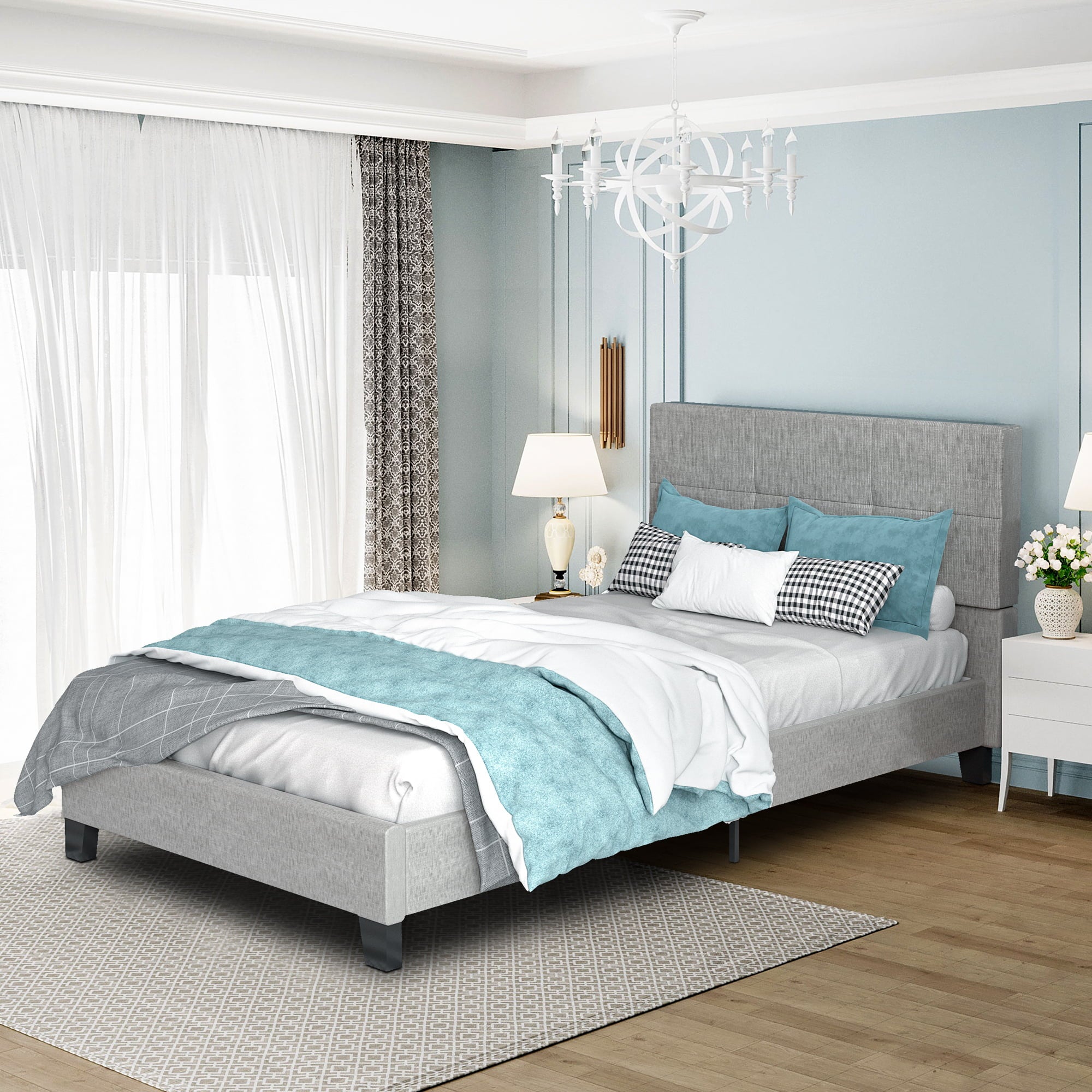 uhomepro Upholstered Tufted Fabric Platform Twin Bed Frame with Upholstered Headboard, No Box Spring Needed, Gray