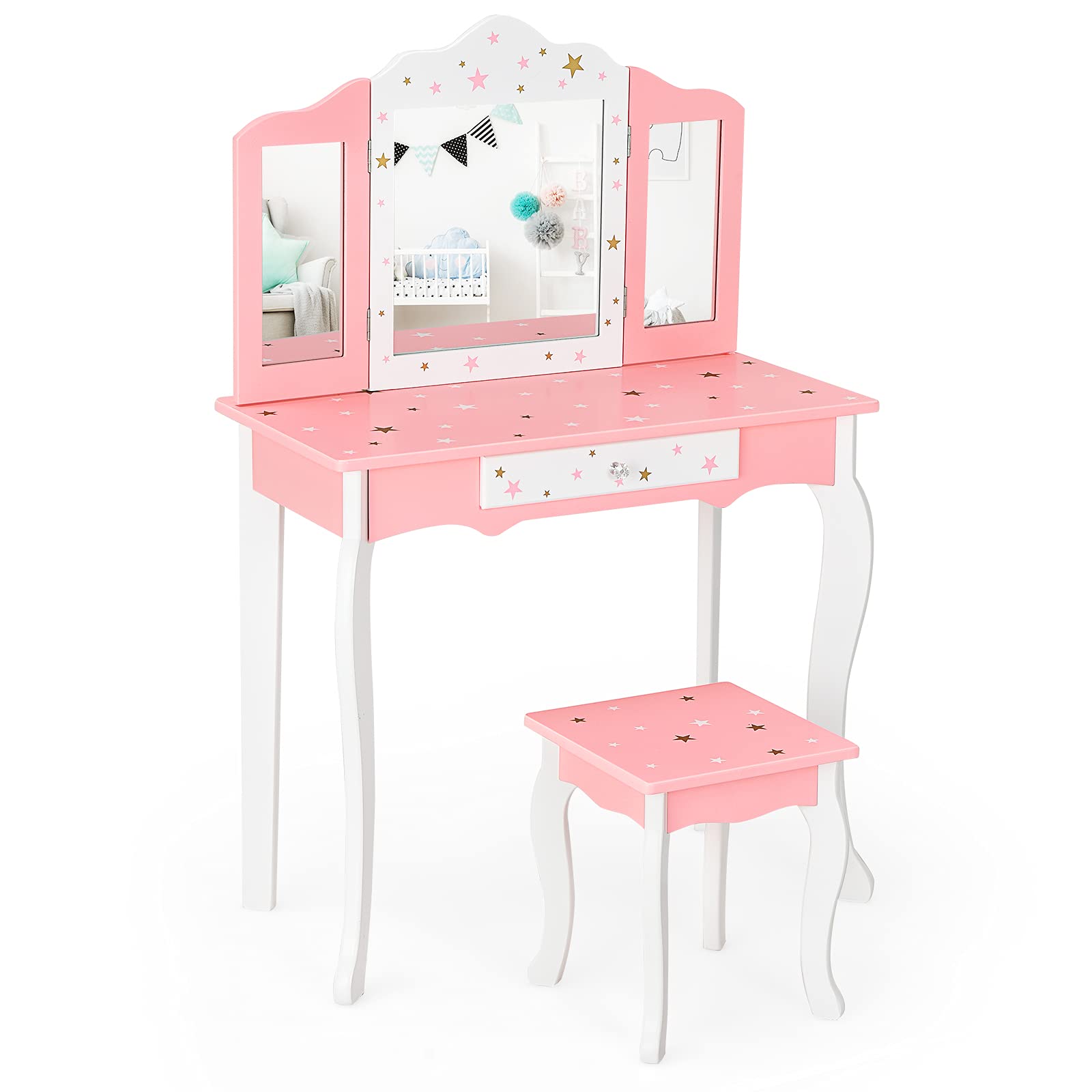 Costzon Kids Vanity Set with Mirror, 2 in 1 Princess Makeup Dressing Table w/Detachable Top