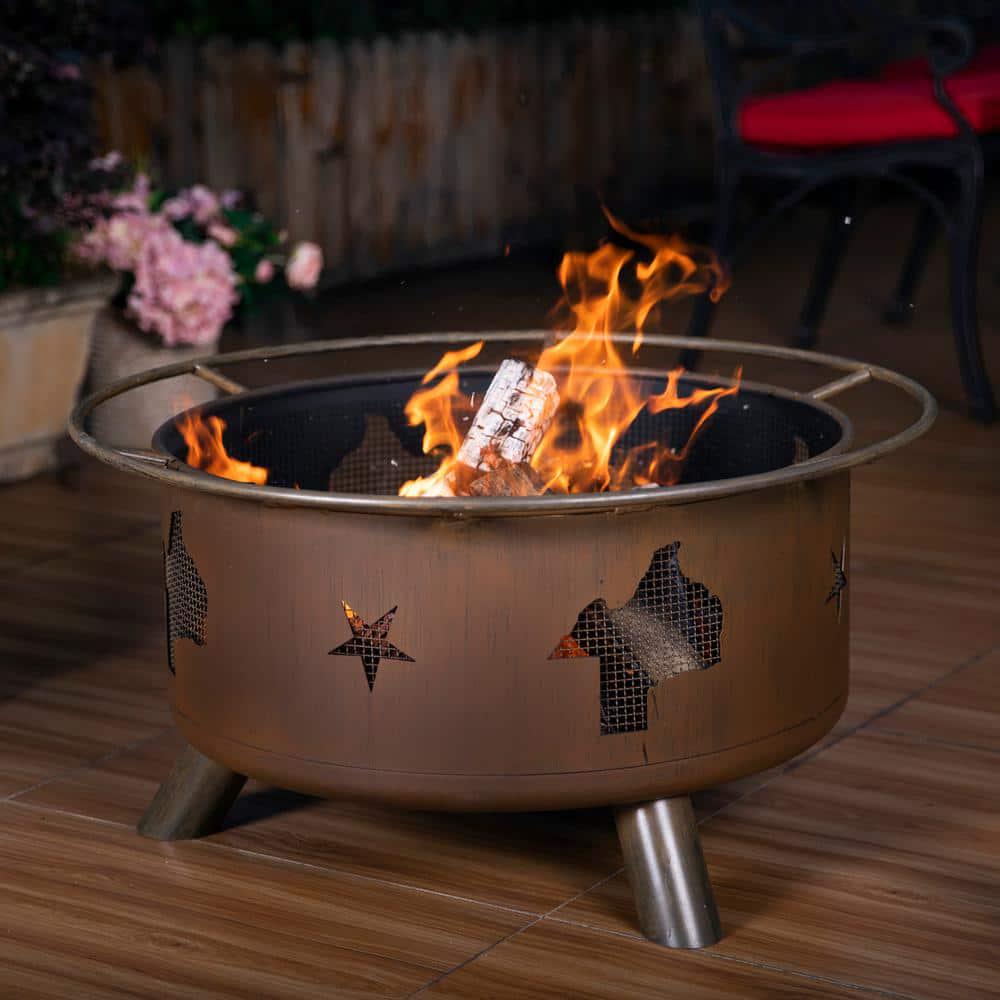 Nuu Garden 30 in Steel Round Fire Pit with PokerCoverCooking Grate in Camping Brown