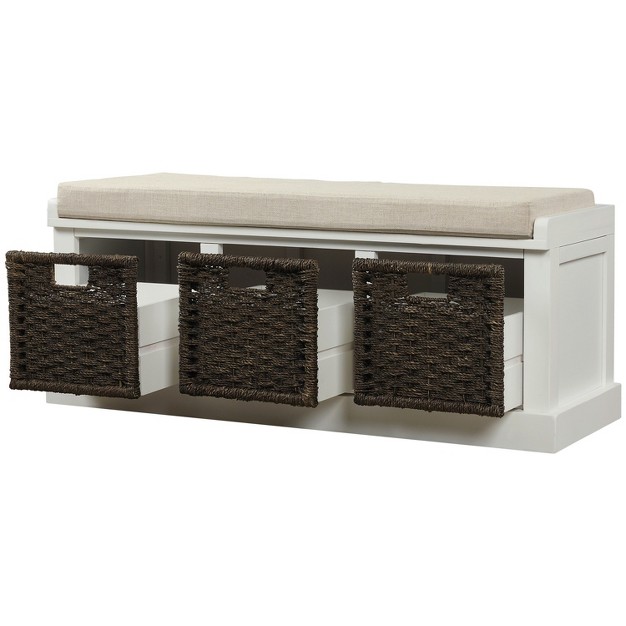 Rustic Storage Bench With Removable Cushion And 3 Removable Classic Rattan Basket modernluxe