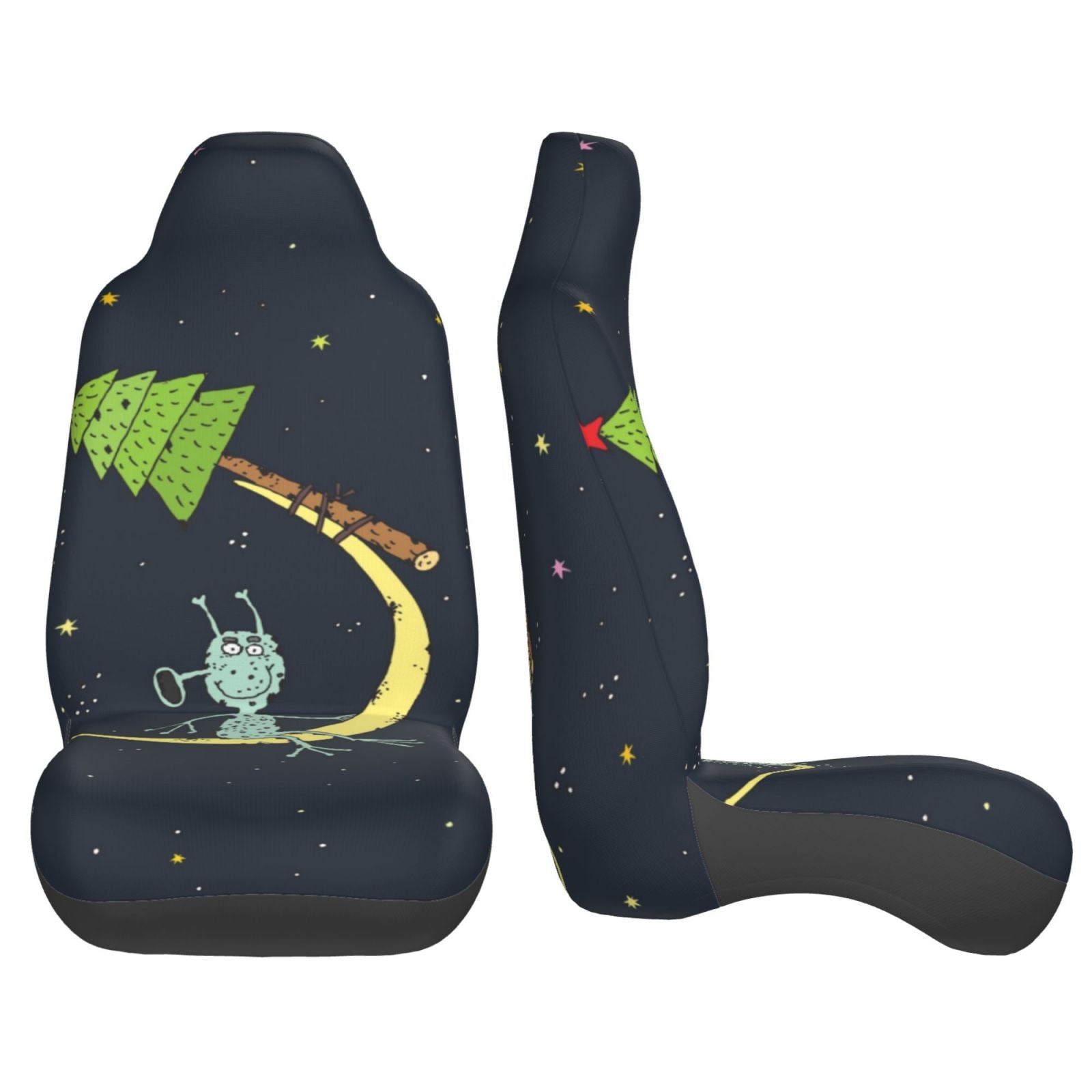 TEQUAN Front Seat Covers， Moon Christmas Tree Alien Pattern 2 Piece Car Seat Cover Fit Most Car SUV Truck Van