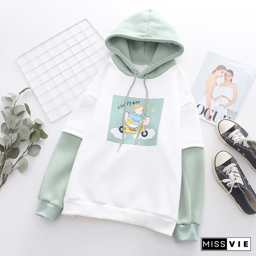 Cartoon Bunny Duck Print Colorblock Plush Hoodie