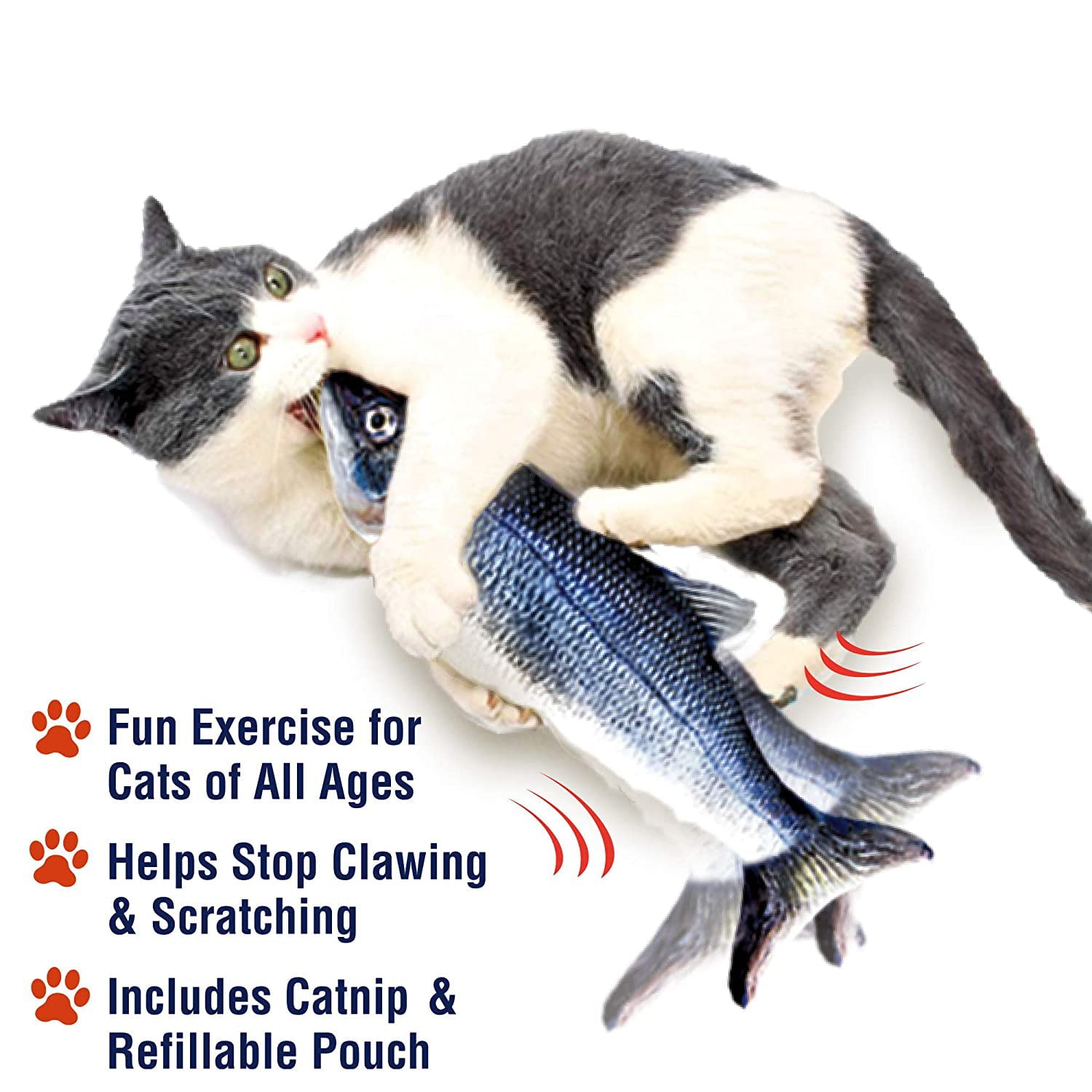 Flippity Fish Cat Toy， Interactive Cat Toy， Flips， Flops and Wiggles Like a Real Fish， Motion Activated， Cat Fun toy， Exercise for Cats， Includes Catnip， Helps Stop Clawing and Scratching， Animal Toys