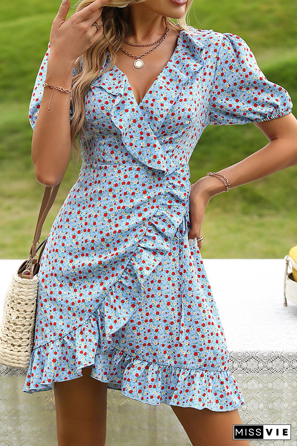 Blue V Neck Ruffles Side Sash Floral Dress