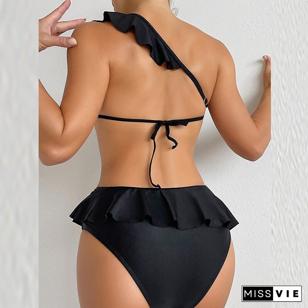 Sexy Solid Ruffle Backless Lace-up Swimwear One Piece One Shoulder Hollow Swimsuit Bikini New Fashion Vacation Push Up Beachwear