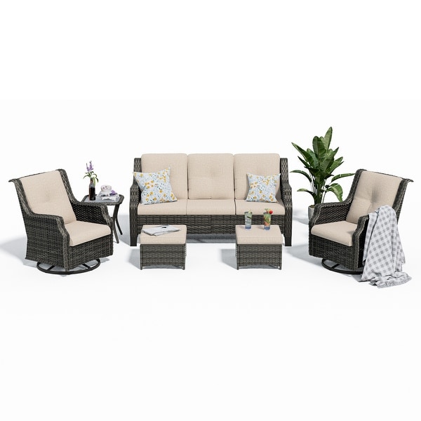 Cozywor 6Piece Outdoor Patio Swivel Rocking Wicker Conversation Lounge Chairs with Side Table and Ottoman